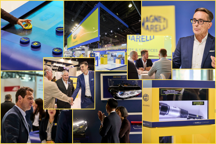Collage del stand de Magneti Marelli Parts & Services en Automechanika Frankfurt 2024, con el túnel Marelli, el Screen Reveal, la Object Recognition Table e interacciones con los visitantes.