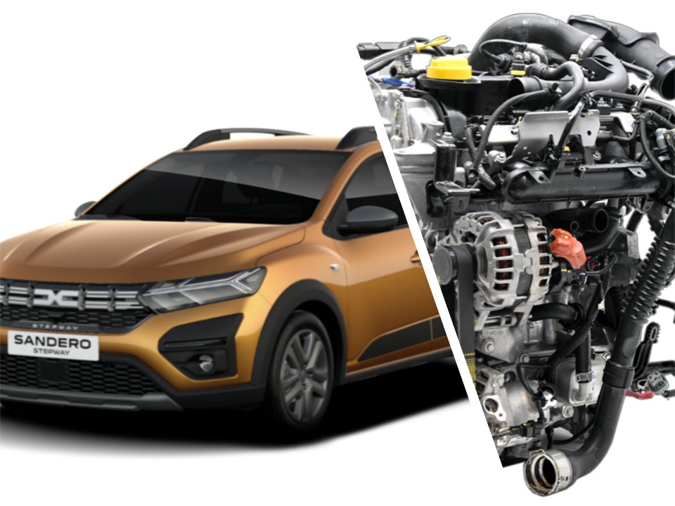 Dacia Sandero con detalle del motor 1.0 TCe H4DT tricilíndrico turboalimentado
