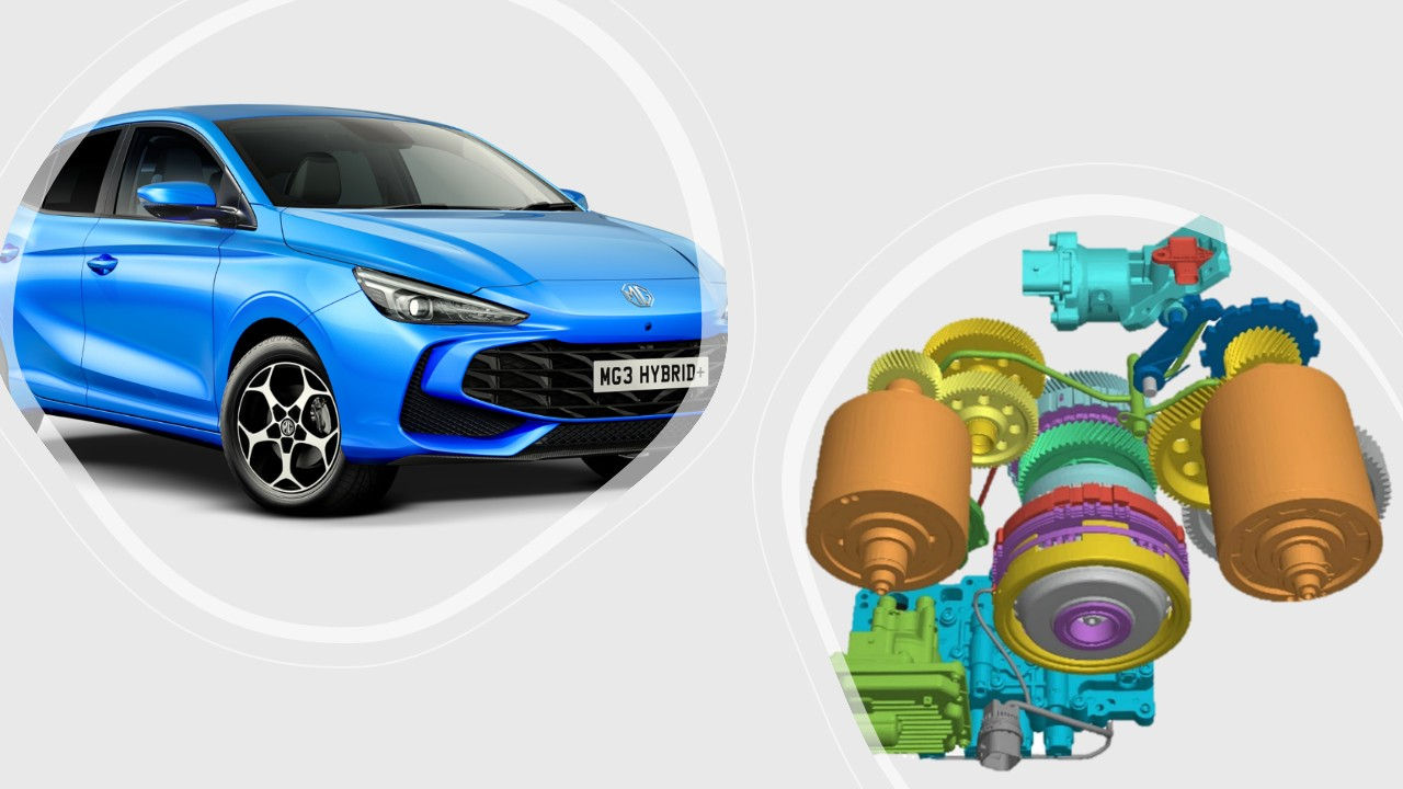 Vista del MG3 Hybrid+ junto a esquema técnico del motor GS 62H y sistema de propulsión híbrida